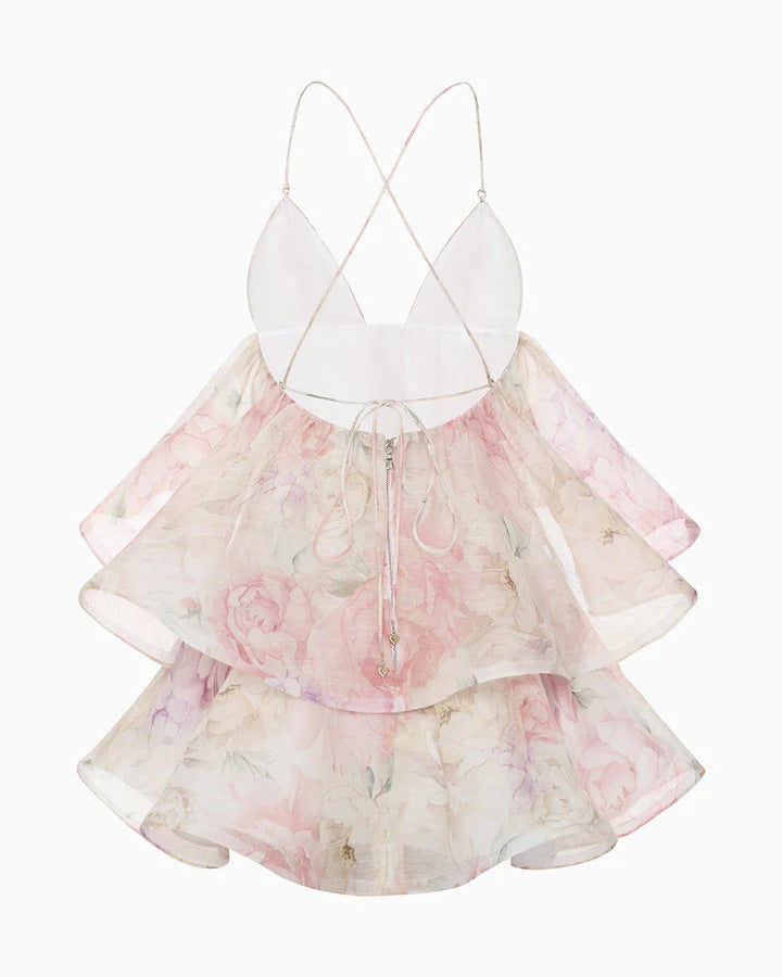 Light Pink Organza Floral A-Line Babydoll Mini Dress