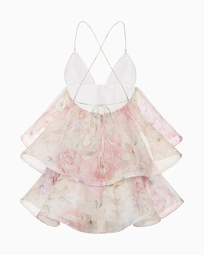 Light Pink Organza Floral A-Line Babydoll Mini Dress