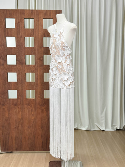 White Lace 3D Floral Appliques Bodycon Mini Dress with Floor-Length Fringe Overlay