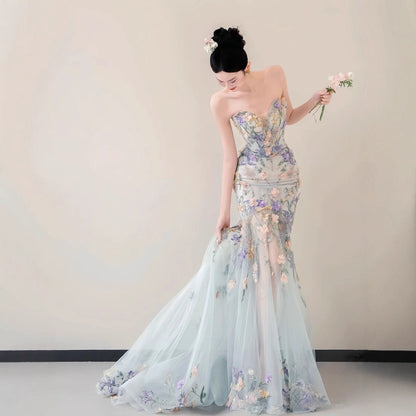 Strapless Pastel 3D Floral Tulle Mermaid Gown With Train