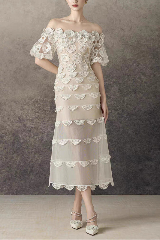Off-the-Shoulder Daisy Lace Tiered Midi Dress