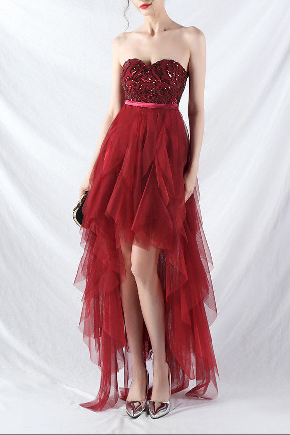 strapless sequin tulle midi dress