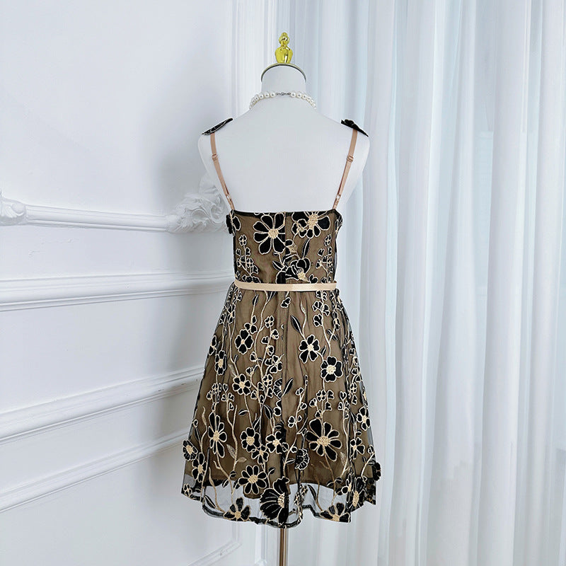 Black Embroidered Tulle Overlay A-Line Mini Dress
