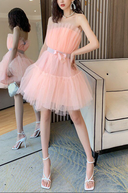 Frederica Bow-Accent Waist-Cinched Strapless Dress - Pink