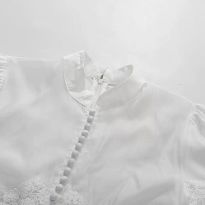 White Mandarin Collar Puff Sleeve Tiered Lace Midi Dress with Waist Sash