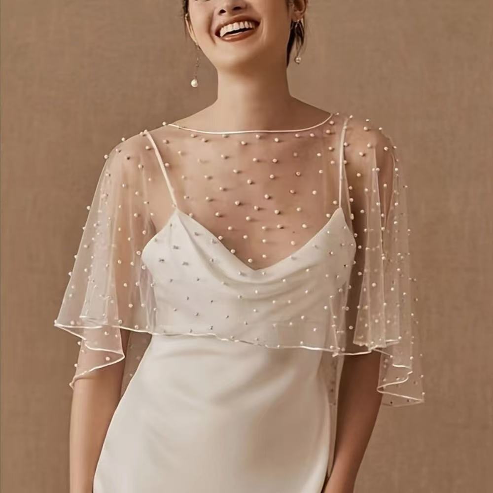Wedding dress, bridal shawl, wedding handmade pearl floating gauze cloak, wedding studio photo registration, photo shooting, women's shawl