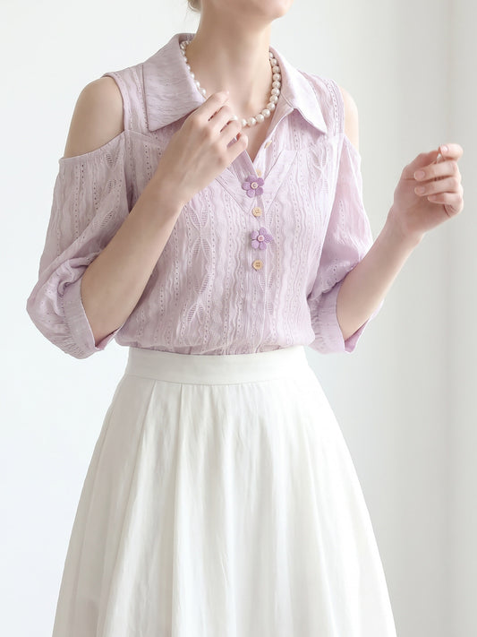Cold Shoulder Collared Eyelet Blouse With 3D Floral Buttons