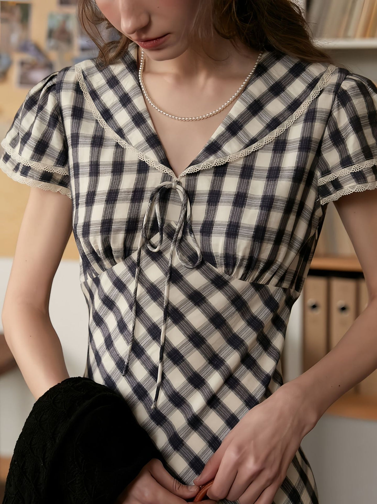lace navy collar plaid dress