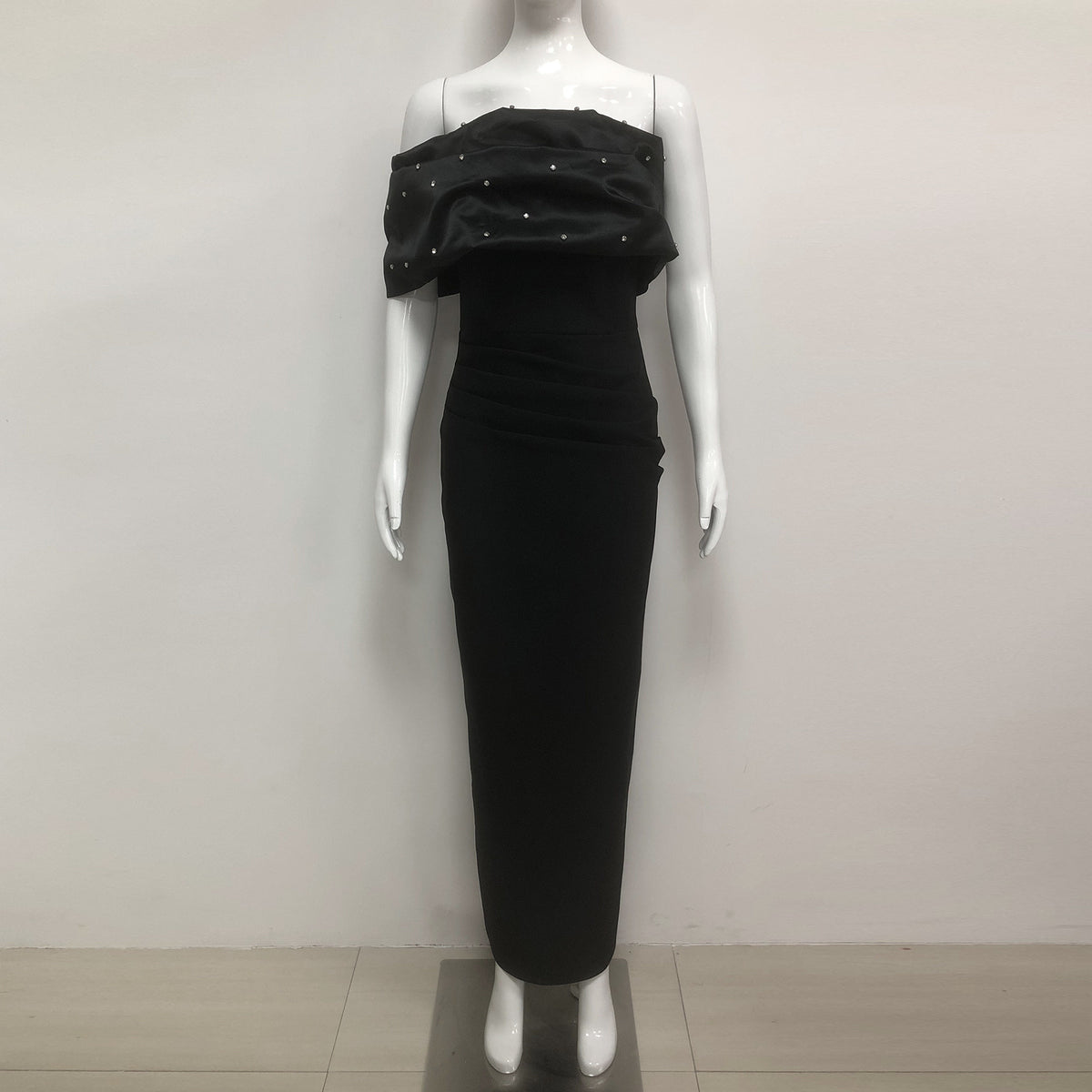 rosemary Black Pearl Embellished Draped strapless maxi dress