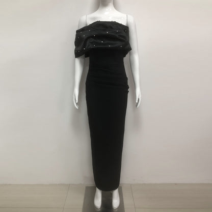rosemary Black Pearl Embellished Draped strapless maxi dress
