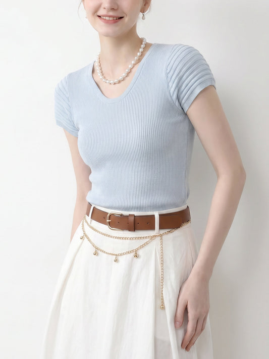 U Neck Cap Sleeve Vertical Ribbed Knit Top