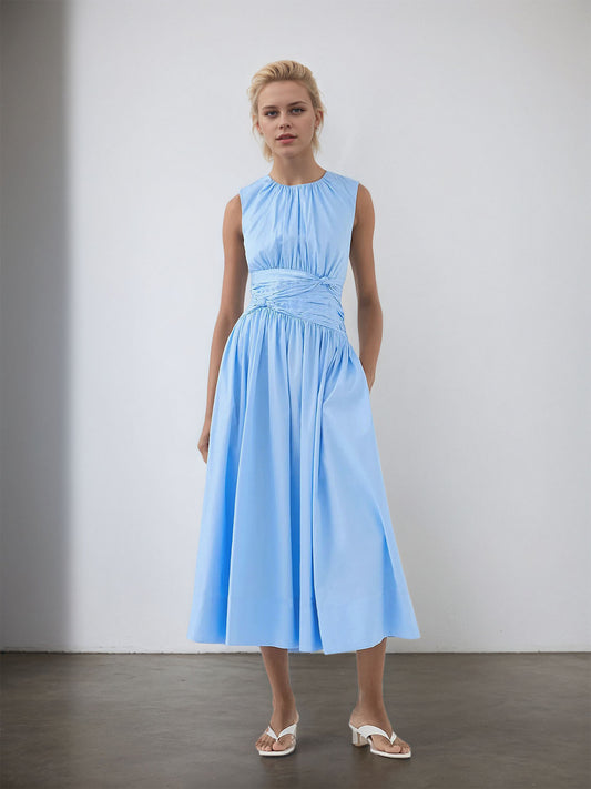 Light Blue Sleeveless Round Neck Twisted Waist Midi Dress Side Pocket Flowy Summer Dress