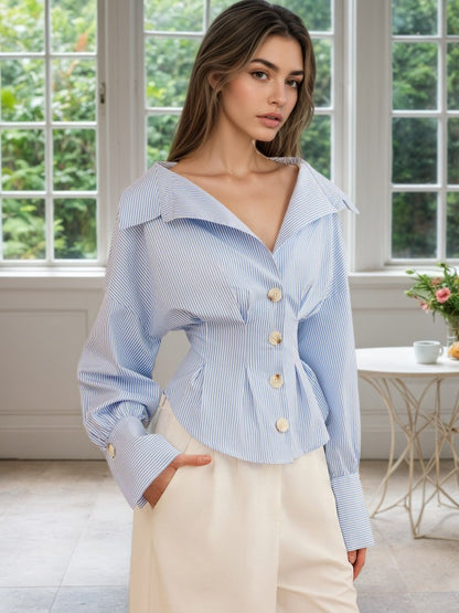 Blue White Stripe Off Shoulder Collared Cinched Waist Peplum Shirt