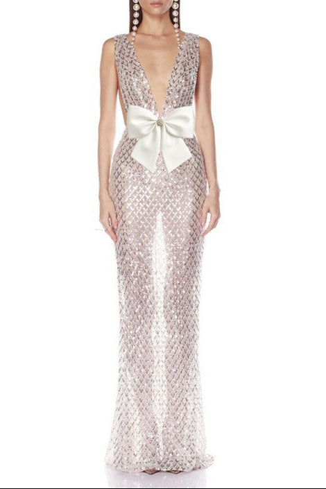rebecca bow sequin embellished v neck maxi dress in silver