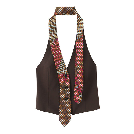 Print Tie Halter Sleeveless Waistcoat Top