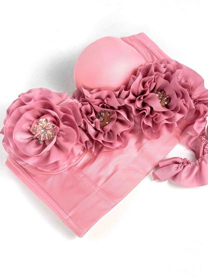 Flower Tassel fishbone Corset in pink
