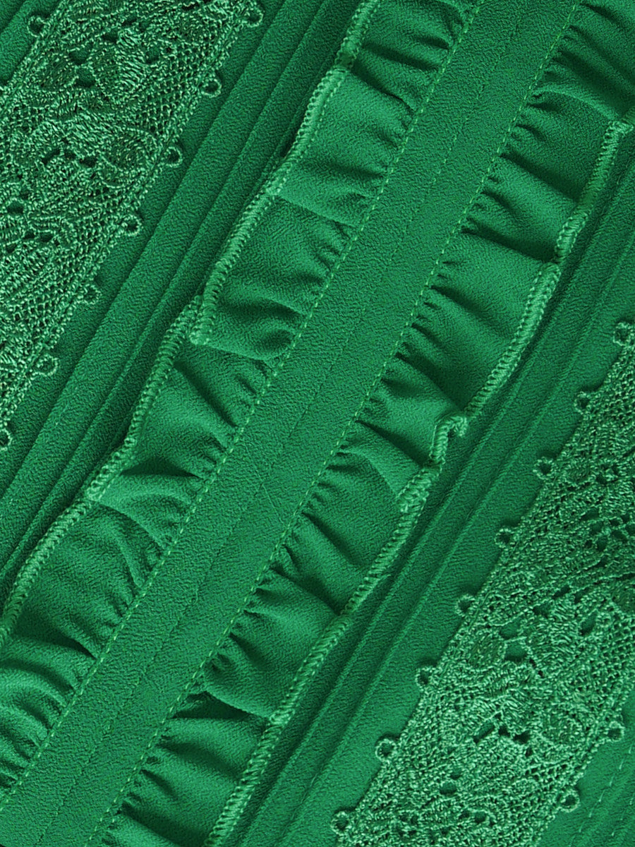 green long sleeve lace splicing pleated dress