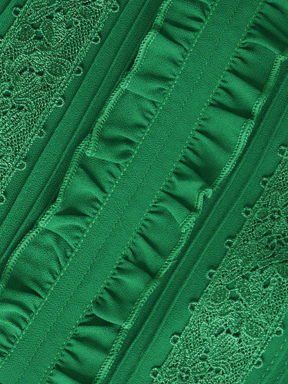 green long sleeve lace splicing pleated dress
