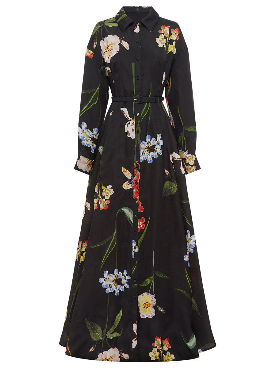 Black Floral Print Belted Shirt Maxi Dress with Slit