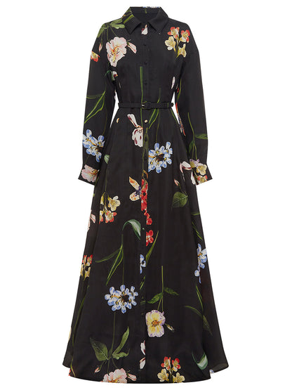 Black Floral Print Belted Shirt Maxi Dress with Slit