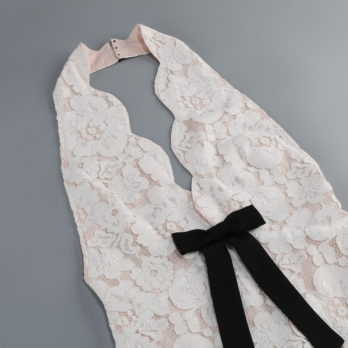 Pale Pink Floral Lace Tiered Halter Gown