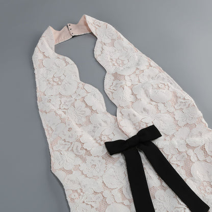 Pale Pink Floral Lace Tiered Halter Gown