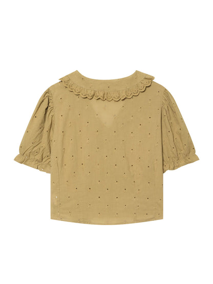 lace embroidered lapel shirt short-sleeved shirt top