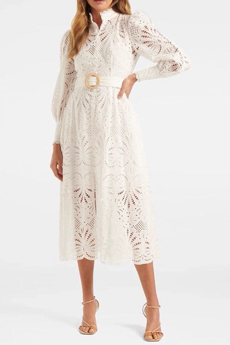 white embroidery lace collar waist lace dress