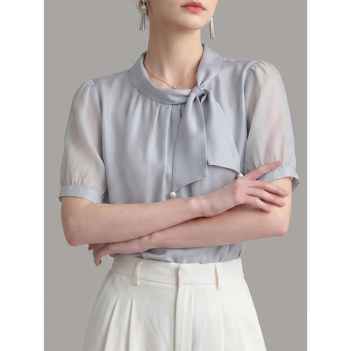 Pearl Decor Tie Neck Puff Short Sleeve Satin Blouse