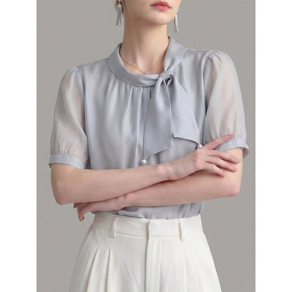 Pearl Decor Tie Neck Puff Short Sleeve Satin Blouse