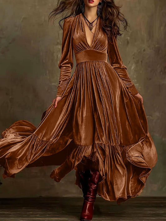 Retro High-End V-Neck Velvet Ruffle Large Swing Dress