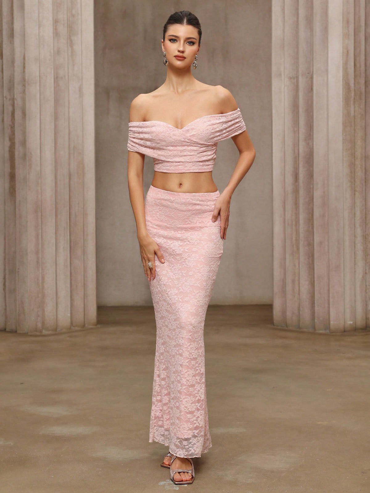 alice Pink lace off-shoulder top and skirt set
