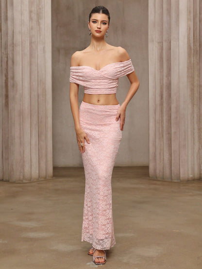 alice Pink lace off-shoulder top and skirt set