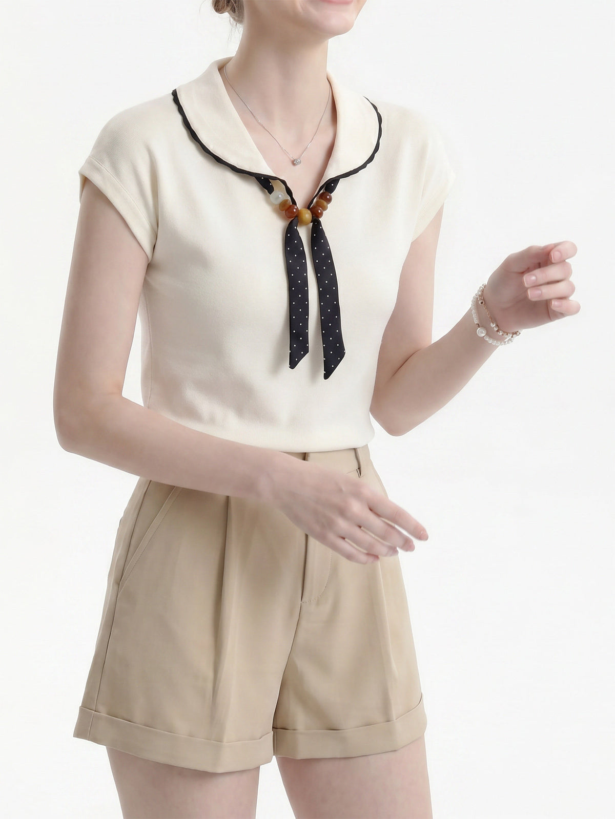 Scalloped Collar Polka Dot Bow Cap Sleeve Knit Top