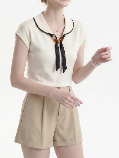 Scalloped Collar Polka Dot Bow Cap Sleeve Knit Top