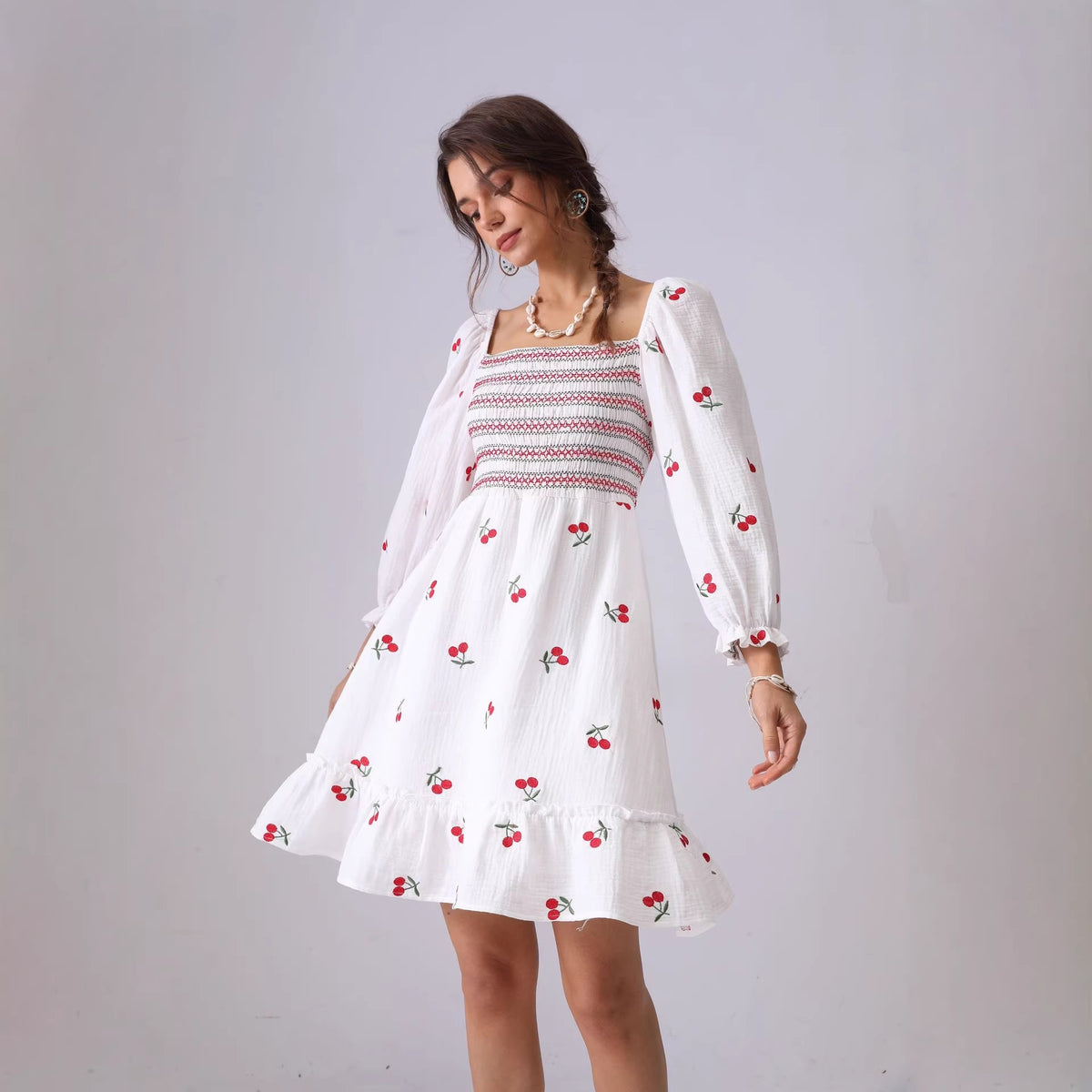 long-sleeved cotton double-layer gauze printed open back lotus skirts