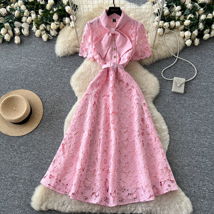 Light Pink Floral Lace A-Line Midi Dress