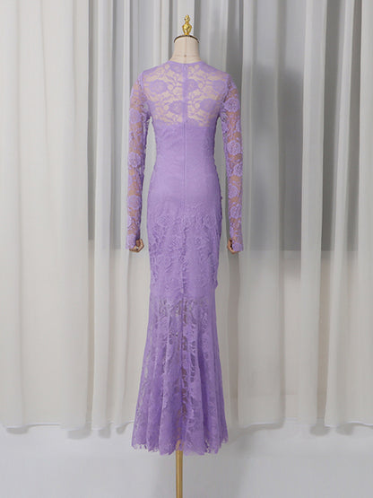 penny lace  hollow ruched bodycon long sleeve maxi dress in purple