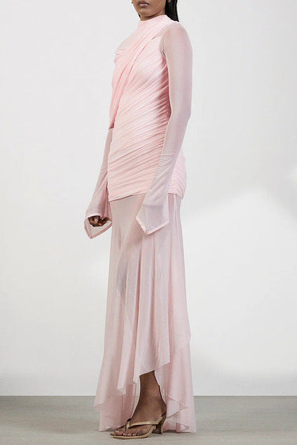 High-neck drapey pleated mesh panel maxi dress in pink
