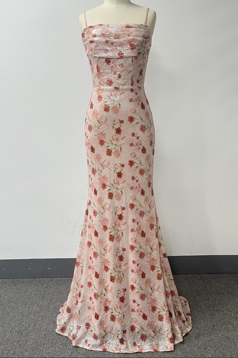 Blush Pink Floral Sequin Mermaid Gown with Lace-Up Back