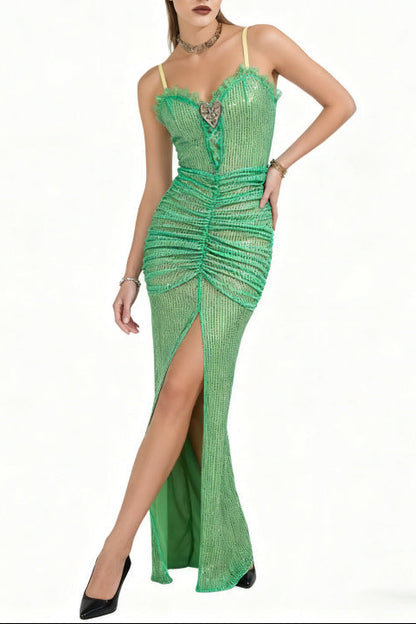 bertha high slit pleated sequin maxi dress in green