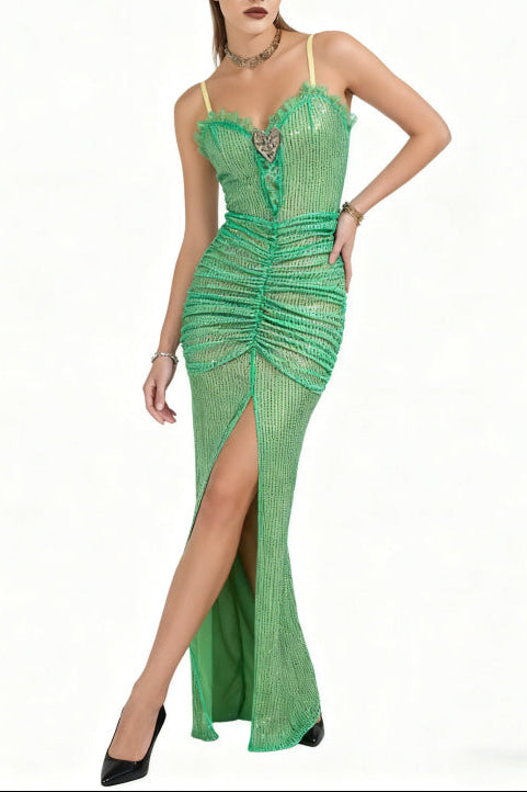 bertha high slit pleated sequin maxi dress in green