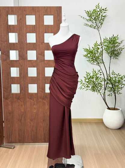Chocolate Brown One-Shoulder Maxi Dress in Stretch Jersey