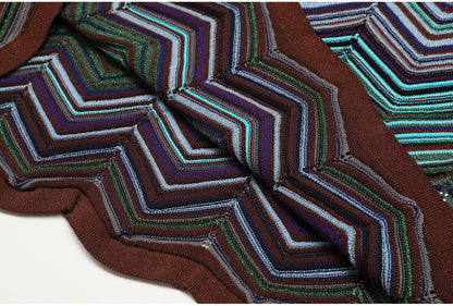 One-Shoulder Chevron Maxi Dress in Teal, Purple & Brown