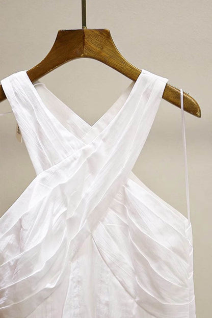 High crossover V-neck pleated maxi dress in white