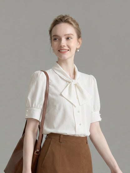Bow Tie Neck Pearl Button Puff Short Sleeve Satin Blouse