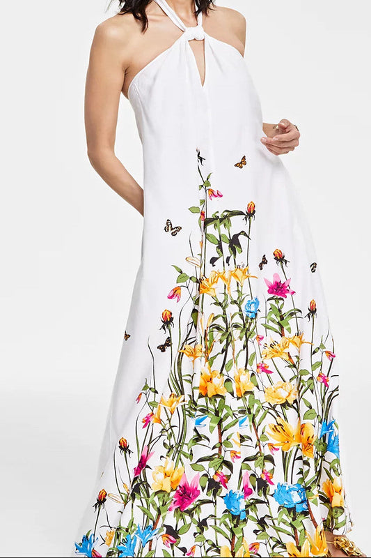 White Floral & Butterfly Print Halter Neck Maxi Dress