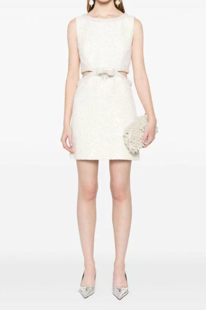 cut out cream boucle pearl mini dress