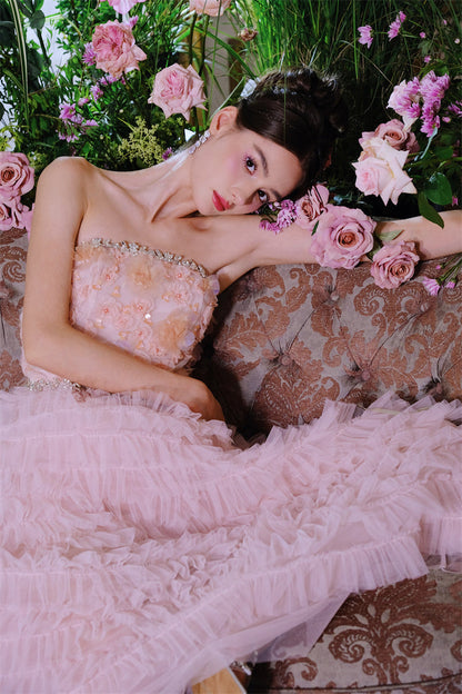 Pink Princess layer ruffle midi floral Embroidery strapless Dress