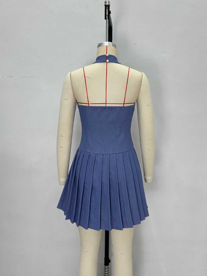 Light Denim Halter Square Neck Gold Button Pleated Mini Dress